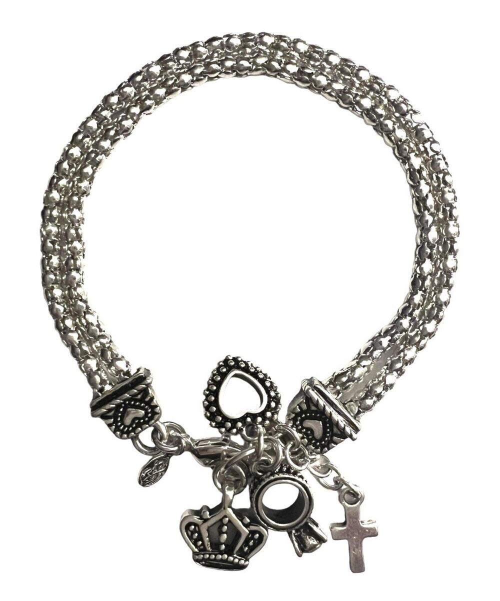 Premier Designs Jewelry Bracelet Charm Heart Crown Ring Silver Tone 7 "+